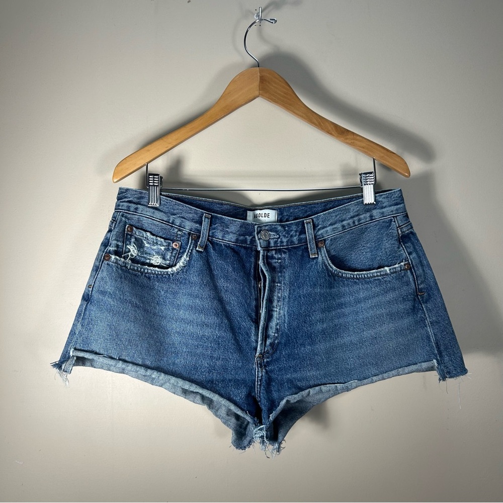 Agolde Blue Distressed Denim Jean Shorts - Picture 2 of 13